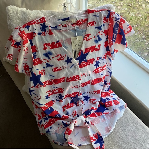 Woman’s Shorts Sleeve Button Down Tie Front Top~Patriot,USA,America,4th July,Etc - Picture 11 of 11